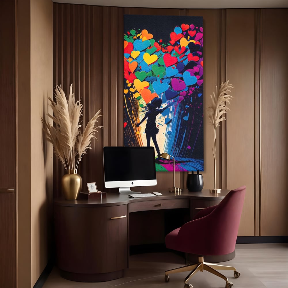 Tablou canvas cu tablou canvas cu silueta si inimi colorate, fara rama, pe sasiu de lemn, pe perete intr-un birou